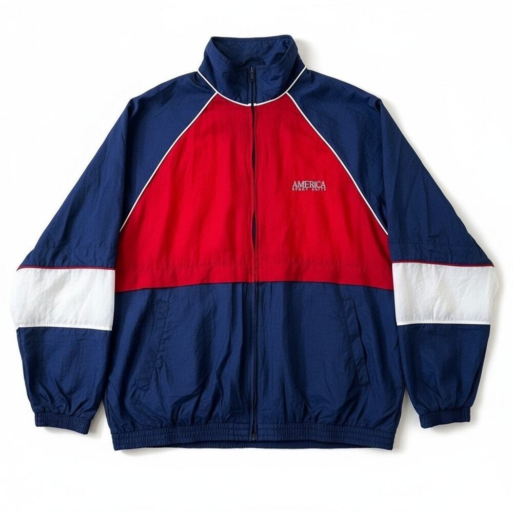 VTG Perry Ellis AMERICA Mens Full Zip Colorblock Windbreaker Jacket Red Blue 2X